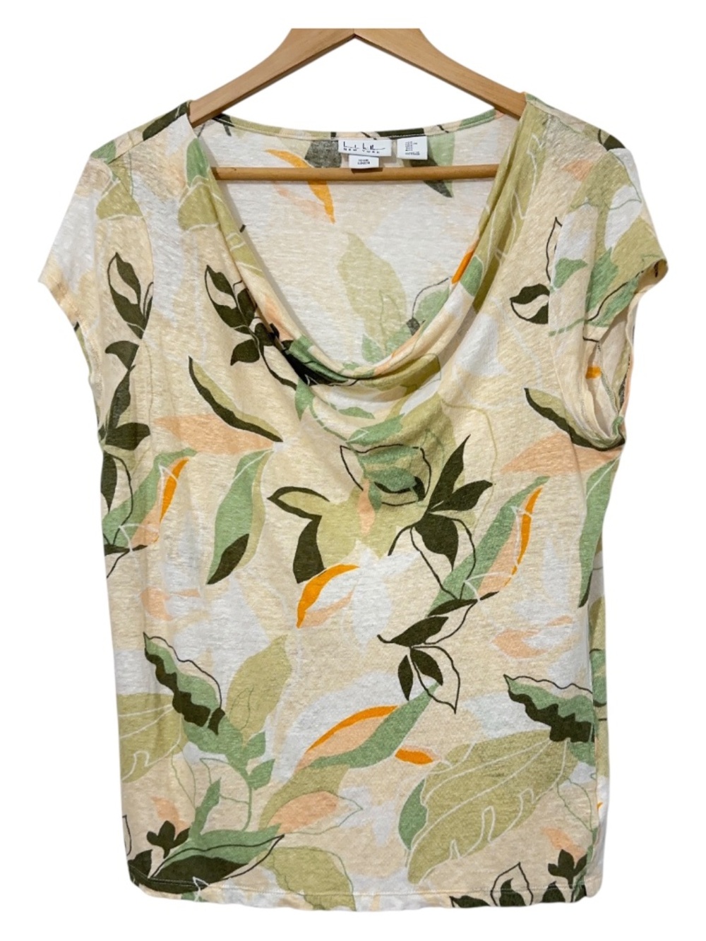 Nicole Miller Linen Floral Print Short Sleeve Knit Top Womens Size L